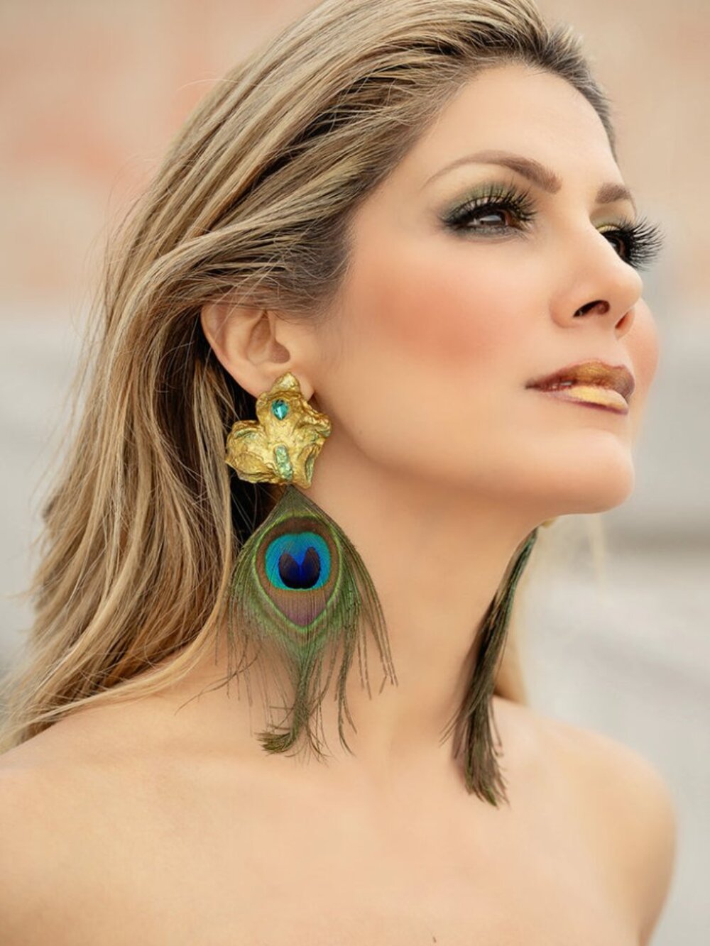 Handmade Papier-Mâché Gold Leaf Peacock Feather Earrings, Blue Stone